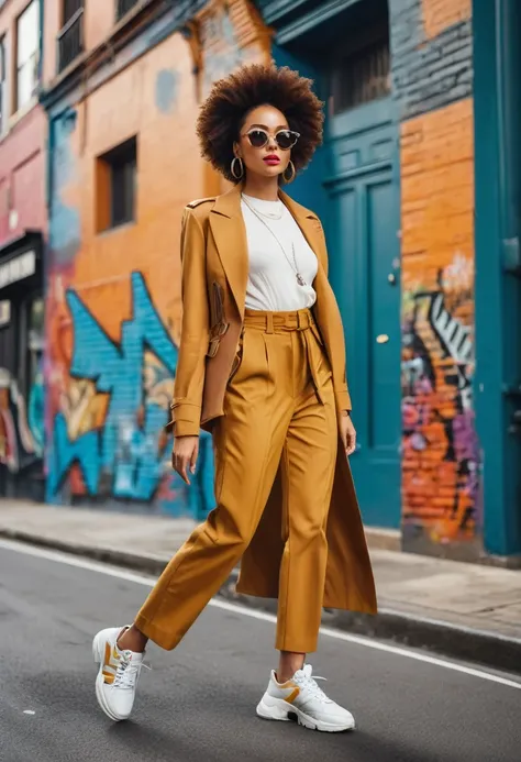 "A stylish  young beautiful woman in a stylish outfit walking down city street. She exudes confidence and flair, with street art and  architecture in the background. The photo captures the energy and vibrancy of street style fashion.", full length 