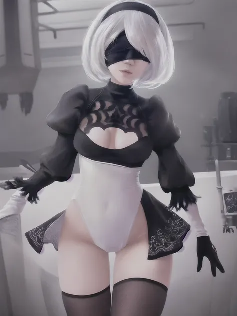 ((Highest quality)), ((masterpiece)), (detailed), One girl, sexy、(((yorha_phi._2_type_b)))、1 girl、solo、Nier Automata、Gray Hair、short hair、Blindfold、Black Dress、Black hair band、Covered Eyes、Robot Joints、Android、cyborg、Clothing cutouts、happiness、excited、prof...