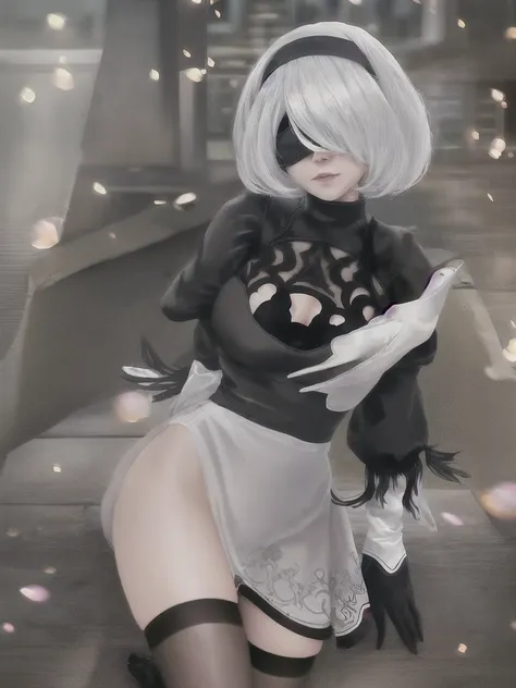 ((Highest quality)), ((masterpiece)), (detailed), One girl, sexy、(((yorha_phi._2_type_b)))、1 girl、solo、Nier Automata、Gray Hair、short hair、Blindfold、Black Dress、Black hair band、Covered Eyes、Robot Joints、Android、cyborg、Clothing cutouts、happiness、excited、prof...