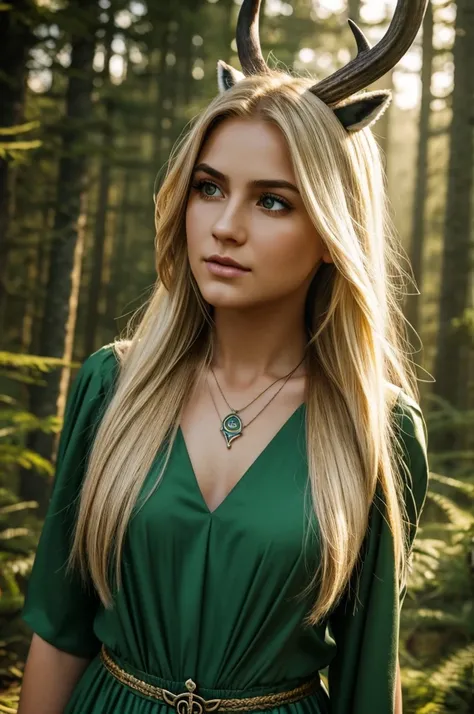 Hyper realistic face of a 20-year-old girl. Very long, straight blonde hair waving in the wind. White and radiant skin. Tender yellow eyes. long and thick eyelashes. Thick eyebrows. Forest green dress with a Celtic symbol necklace around her neck. Wolf sku...