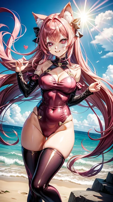 Dark pink  hair, pink eyes, woman, sun and cloud background, pink red gold clothes, hair bows, happy face, mermaid outfit, sexy, cat ears, hearts, floating hearts, thigh up, thigh high tights