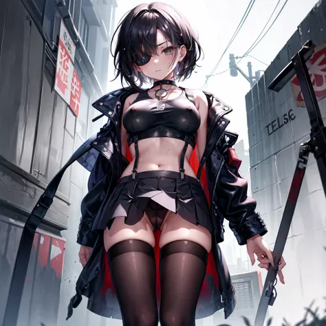 ((Highest quality)), ((masterpiece)), ((detailed)), (4K), (nsfw), 1girl, 独奏, (eyepatch), short hair, crop top, leather jacket, Torn miniskirt, suspender skirt, torn pantyhose, panties under pantyhose, cameltoe, choker, bracelet, erect nipples, (rain), ((we...