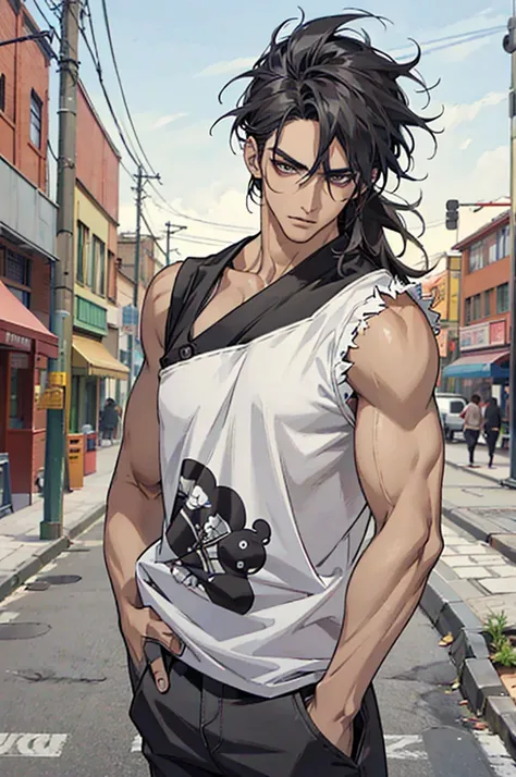 ((Artwork)), ((4K)), ((Anime style)), ((Detailed)), 1 man, dark skin, mullet hair, big nose, monolith eyes, medium lip, nose piercing , muscular body, has an oriental tattoo on his left arm, black sleeveless shirt, loose white pants with several pockets, h...