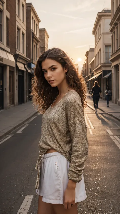 A photorealistic portrait of a young European female model with big, curly brown hair, wearing fashionable street clothes, shown in a mid-shot capturing her confident stance, 6k resolution, intricate details on her hair texture and clothing, set against a ...