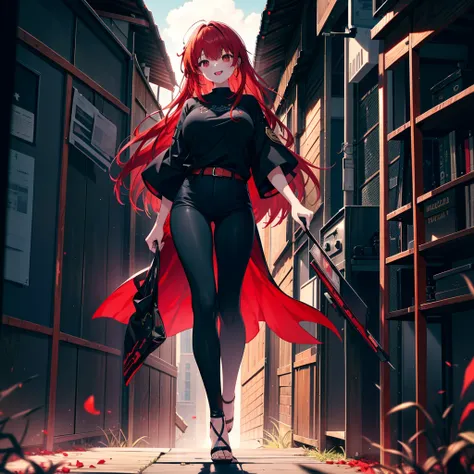 Ryuubedon, eyes red and gold, wicatalyst, red Hair, red and gold eyes,Long Hair,peitos grandes, happy smile, smile, Open your mouth, Oversized black y-shirt,Big Breasts,black skinny pants,Stiletto heels,morning,morning陽,The sun is rising,walking,whole body...