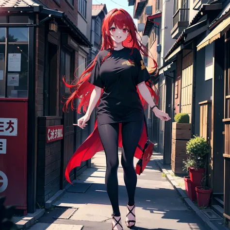 Ryuubedon, eyes red and gold, wicatalyst, red Hair, red and gold eyes,Long Hair,peitos grandes, happy smile, smile, Open your mouth, Oversized black y-shirt,Big Breasts,black skinny pants,Stiletto heels,morning,morning陽,The sun is rising,walking,whole body...