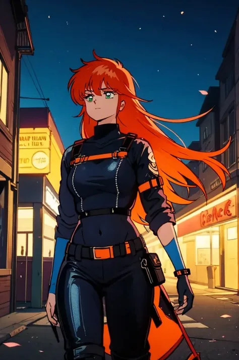 Girl with orange hair, Blue Cyberpunk Outfit, In the colorful grassland, At night