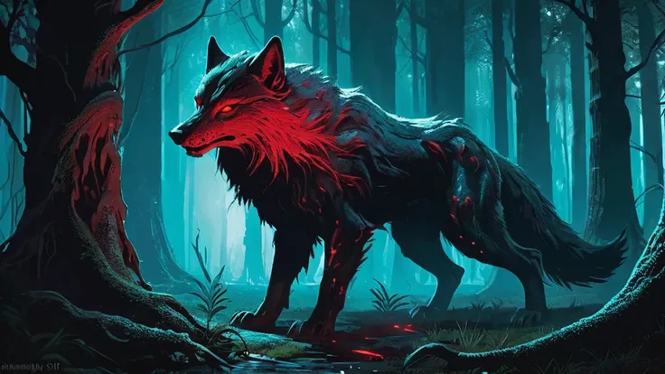 a lone lycan with deep red eyes crouches amidst the underbrush, its alien-like body blending unnaturally with the ancient trees and overgrown vegetation.

The lycans form is a mix of wolf-like features and alien characteristics: its fur is sleek and shimme...