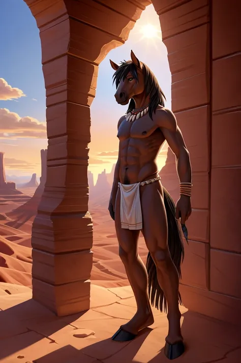 There is on adult character on this picture. The character is a slender anthropomorphic male brown horse, brown fur, slender character, slender, barefoot, digitigrade, hooves, horse tail. The character is dressed as a native american. Native american cloth...