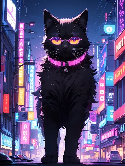 (masterpiece, best quality, super detailed, advanced details, highest quality, high resolution, 8K) A cinematographic scene of a animal black cat with sunglasses at midnight, purple and blue Neon lights and buildings background.
