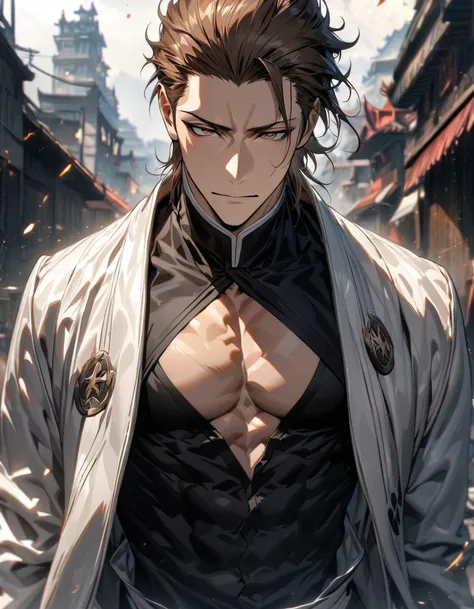 absurdres, highres, ultra detailed, HDR, masterpiece, extremely detailed face and eyes, Aizen Sosuke, brown hair slicked back, expressive brown eyes, Bleach, solo, sexy man, toned chest, handsome, white coat, black shirt,, soul society background, confiden...