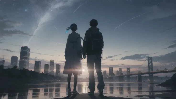 真っ暗なnight空,Octane, star (null), scenery, Blue parakeet,The acoustic guitar is in front of the body.,star, night, A girl and a boy standing back to back, Back view, alone, Outdoor, city,river,Blue parakeet,building, cloud, 天のriver,silhouette