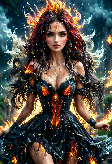 a sorceress of fire making fire dance in a the (storm of rain: 1.3), a most exquisite beautiful sorceress, controlling fire mani...