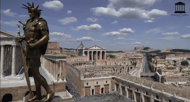 arafed view of a city with a road and a bridge, rome backdrop, rome, all roads lead to rome, rome in background, eternal city, vatican in background, roman historic works, roma, the photo shows a large, colosseo, vatican, city wall, by Pogus Caesar, by Fra...