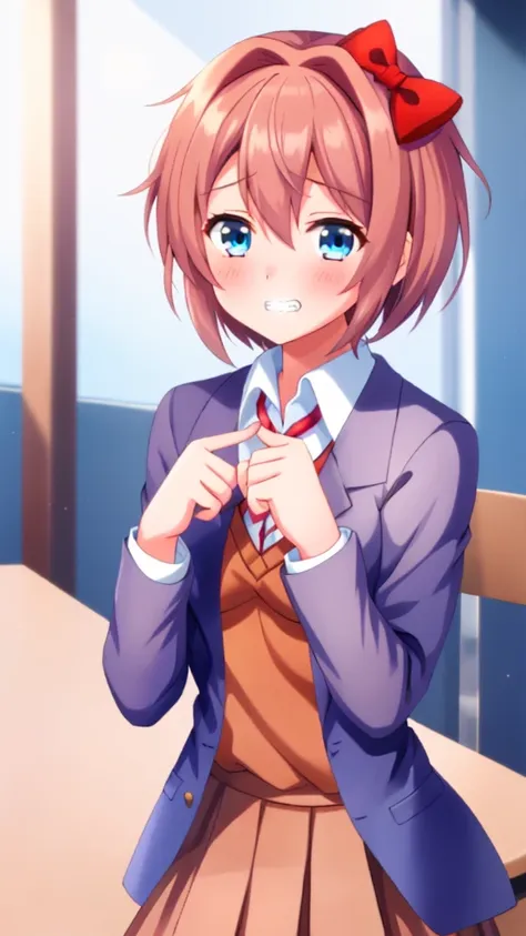 one girl, sayori, ddlc, doki doki literature club, hair bow, school blazer, light blue eyes, index fingers together, shy, blush,...