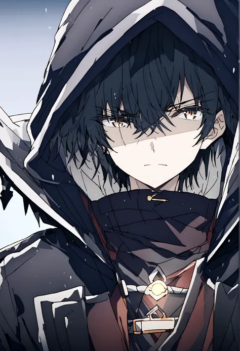 anime male, black hair, black clothing, tired face expression, best quality, wise, cold-hearted, cool, solo, black fluffy hood o...