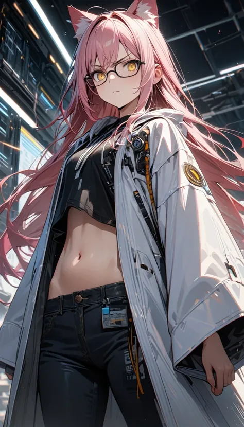 Young girl, very long pink hair, cat ears, yellow eyes, glasses, black jeans, white scientists robe, open belly, serious, Masterpiece, best quality, Full HD, 8k, ultra details, great graphic