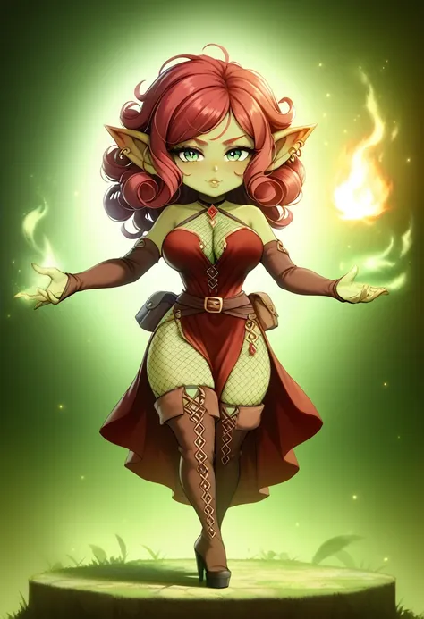 Girl, goblin girl, goblin, green skin, short, short stature,long hair, red hair, curly hair, large breasts, long gloves, thigh boots, pouty lips, masterpiece, best quality, sexy, dynamic pose, 8k, shortstack, sfw, shiny, fantasy, dungeons and dragons, high...