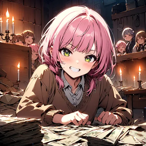 there is a pile of bills on the desk、around the desk３people women、dirty hideout、candlelight、dirty、grin、pink hair、drill twin