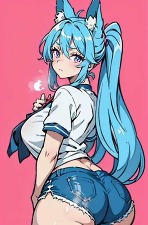 high qualiy, work of art, super verbose, 1 名Kizi, extremely detailed faces,fox ears, long messy blue hair，twin-tail，pink eyes，Taking care of students，Kizi，huge ass ，White sports shortswhite short sleeves，Clothes soaked with sweat，Place your hands on your c...