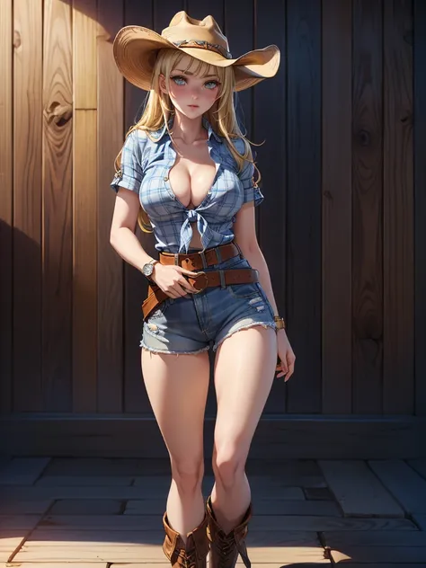 (((Cowgirl Costume))),(((Wear low-waisted denim shorts and short western boots))),(((Wear a western hat))),(((wear a leather belt))),(((He is wearing short sleeves, Plaid, front tie shirt.))),(((Wearing a watch))),(((Showing cleavage))),(((Bare inner thigh...