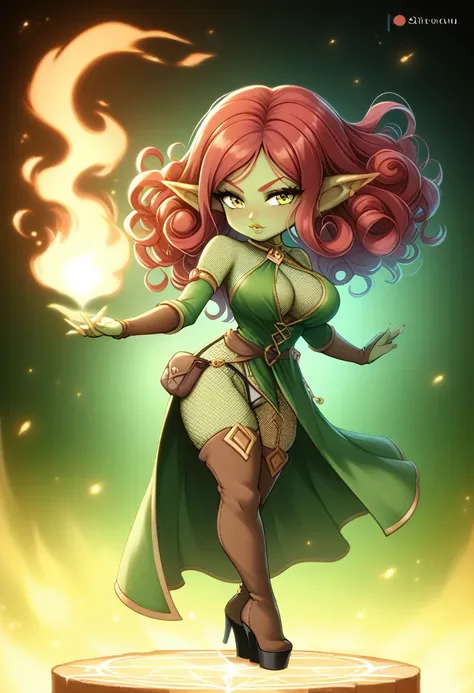 Girl, goblin girl, goblin, green skin, short, short stature,long hair, red hair, curly hair, large breasts, long gloves, thigh boots, pouty lips, masterpiece, best quality, sexy, dynamic pose, 8k, shortstack, sfw, shiny, fantasy, dungeons and dragons, high...