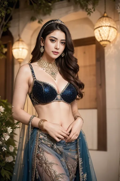 Hiba Nawab in 25 years old, perfect age, ultra realistic face, (((Stunningly sexual Beautiful Persian Princess ))), elegant blue black updo hair, sweet smile, FF cupped large breasts, ultra deep cleavage,  Beautiful bride posing under a fairy tale arch of ...