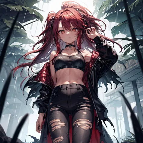 ((highest quality)), ((masterpiece)), ((detailed)), (4k),1, , 独奏, crop top, darkred hair, leather jacket, torn jeans, choker, br...