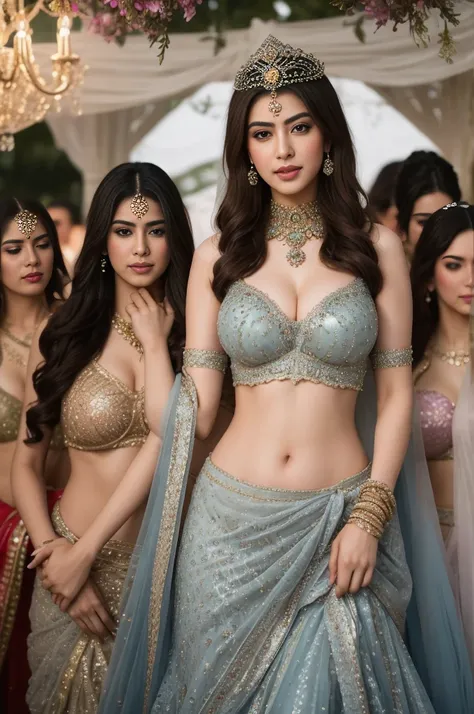 3 Hiba Nawab in 25 years old brides, perfect age, ultra realistic face, (((Stunningly sexual Beautiful Persian Princess ))), elegant blue black updo hair, sweet smile, FF cupped large breasts, ultra deep cleavage,  Beautiful brides walking together in a br...