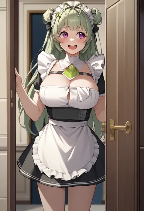 score_9, score_8_up, score_7_up, source_anime, BREAK 1girl, sdrnd, purple eyes, green hair, long hair, bangs, double bun, antenna hair big breasts, blush, open mouth, smile, shy, embarrassed, smile, open mouth, looking to the side, maid, mansion, room, doo...