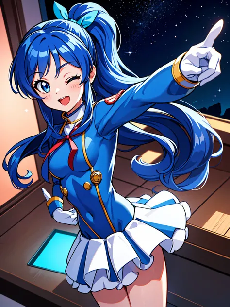 aikatsu,（Overhead view),dynamic angle,ultra-detailed, illustration, close-up, straight on, 1girl, ((blue souryuu asuka langley, interface headset, blue bodysuit:1.4, blue)),Her eyes shone like dreamy stars,(glowing eyes:1.233),(beautiful and detailed eyes:...