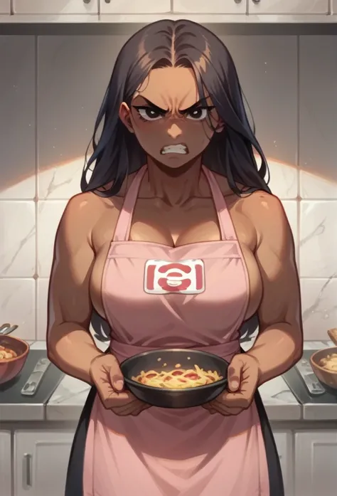 black girl, dark skinned girl, skin black. long hair, black and with fringe. Big black eyes. angry and cute expression, wearing a pink apron, cooking in a kitchen