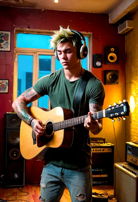 A young man is playing an acoustic guitar in a room that looks unkempt and messy, he wears big headphones in his ears, has short hair, ((big body, stocky, muscular)), and has tattoos on his arms.