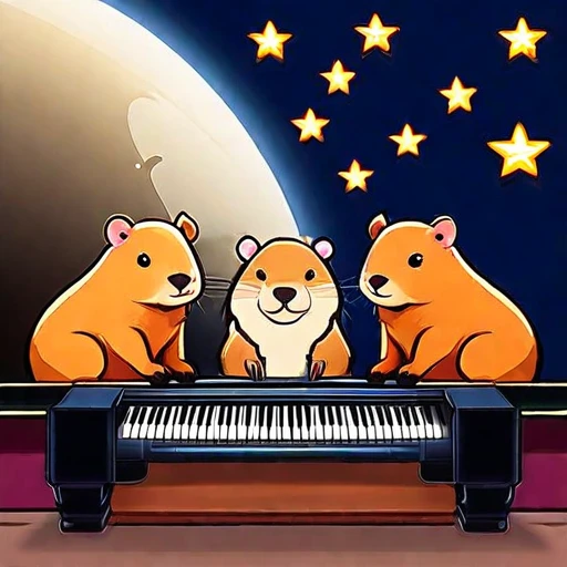 star space below huddled cute capybaras cutecapybara with piano and musical notes