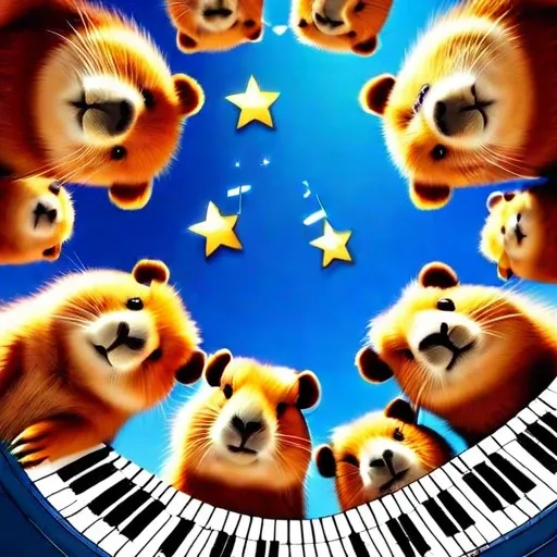 star space below huddled cute capybaras cutecapybara with piano and musical notes