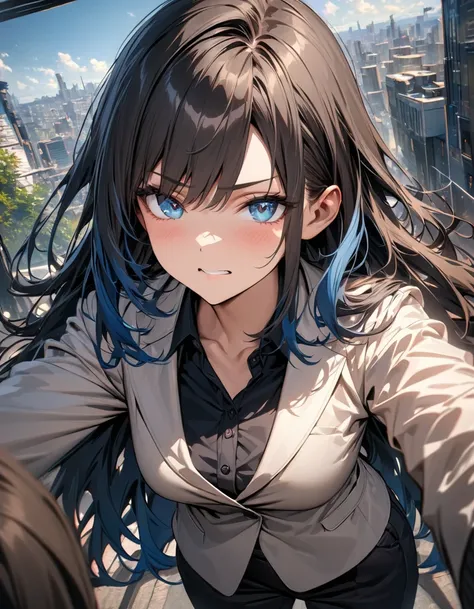 A high resolution, ultra detailed, HDR, masterpiece, very detailed face and eyes, confident expression, young woman, business style, trousers, hair with dark roots transitioning to blue tips, 18 years, Squint