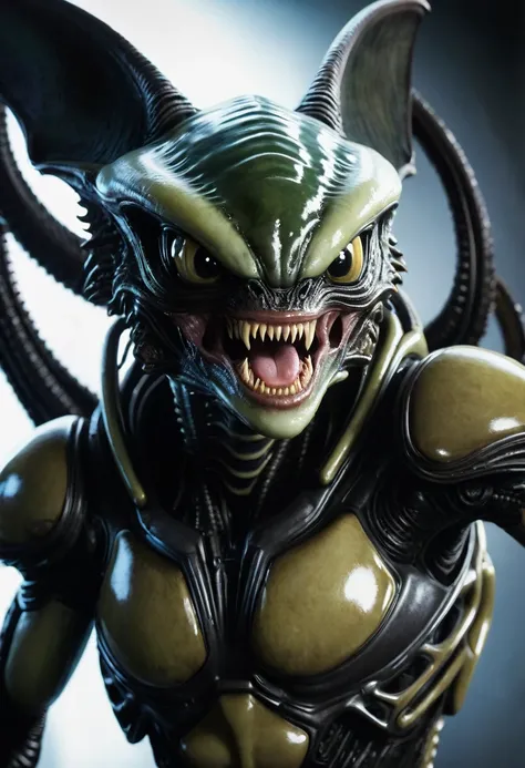 (((Extremely close-up Gremlins fused with a Xenomorph Alien the eighth passenger frontal images color images Splash Front images))),(((Gremlins)))),(((Bat Ears))) 