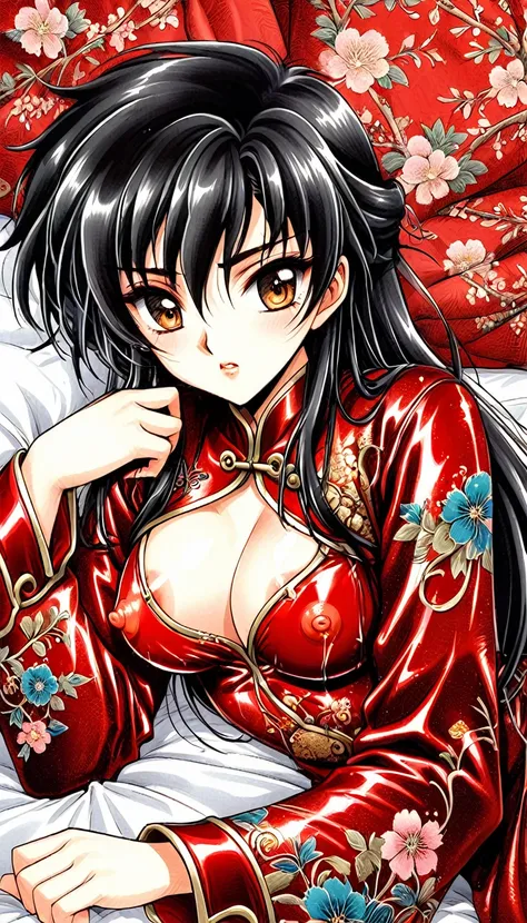 Beautiful 15 year old Chinese Kung Fu girl princess with short black hair　Gorgeous embroidery, Ultra glossy, She is wearing shiny red long sleeve floral pajamas....　She is lying on a red patent leather futon and showing her nipples　She is putting on a quil...