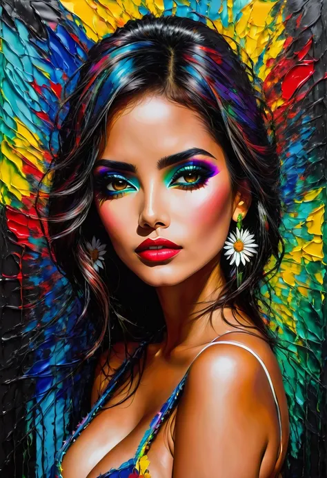 (style of Jean-Paul Riopelle:1.2),(abstract expressionism art:1.2),girl,Latina Adult model Daisy Marie,hate,love,hopeless eyes,dark and bright theme,colorful,visually stunning,beautiful,gorgeous,emotional,intricate,perferct shading