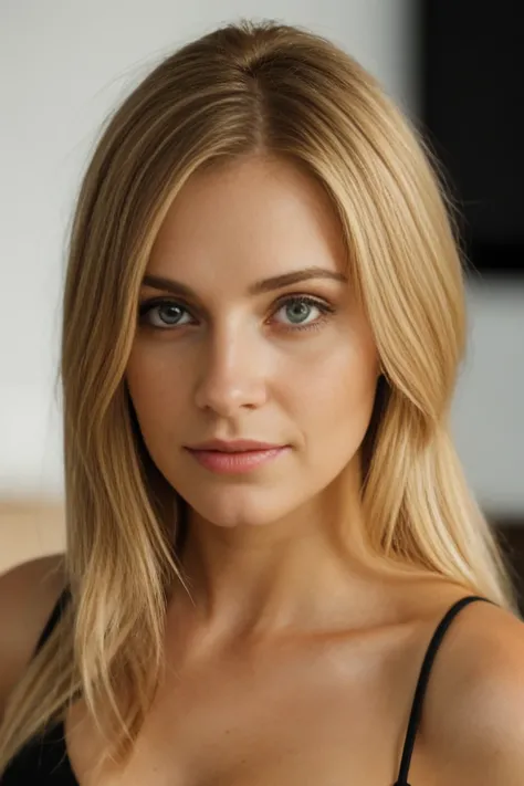 Portrait of a confident blonde girl with medium-length hair and hazel brown eyes 21 years old,cup-c breasts, The image should feature a bokeh background for depth, ensuring perfect composition. The style should be hyperrealistic, capturing super detailed, ...