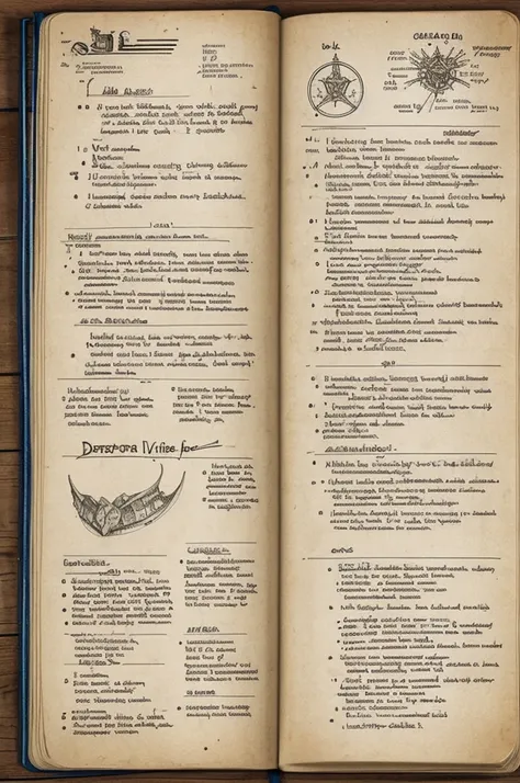 Create an image of an old notebook filled with sketches and notes detailing the research on the Demonite Virus, hinting at its origins and potential cure.