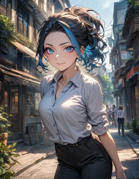 A high resolution, ultra detailed, HDR, masterpiece, very detailed face and eyes, confident expression, young woman, business style, trousers, hair with dark roots transitioning to blue tips, 18 years, Squint, adult face, creative hairstyle, beautiful make...