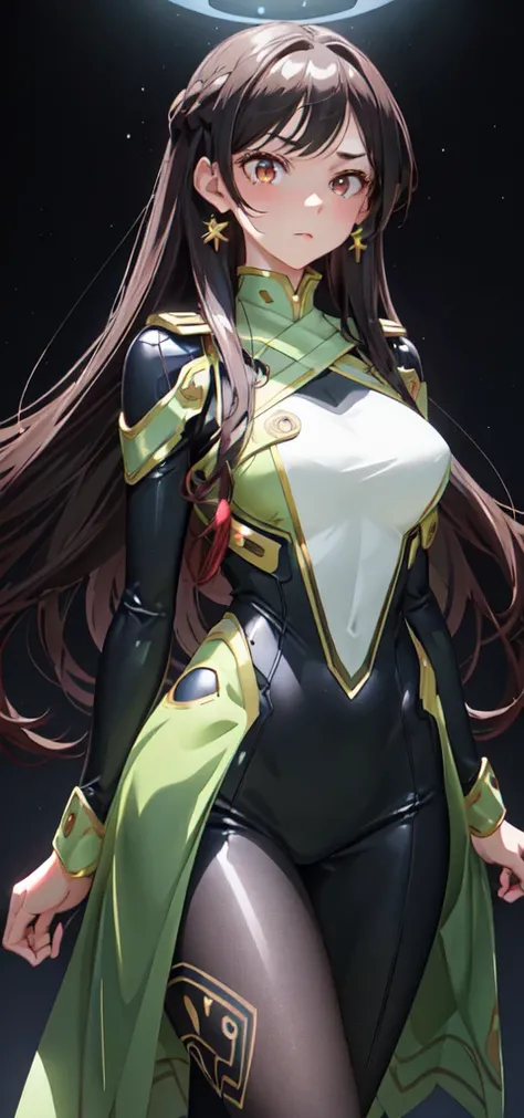 1 girl, aachizuru, long hair, glowy eye, perfect lighting, dark hair, curly hair, long hair, jade eyes, side lighting, face detailed, shining skin, brunette skin, simple background, darkness background, futuristic costume, Bright costume, made from a deep ...