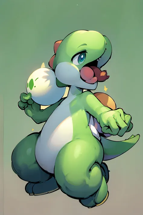 a green dinosaur, a character from mario bros, is happy