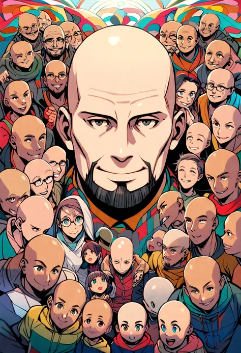 a bald adult with a short beard smiling, and behind him several children