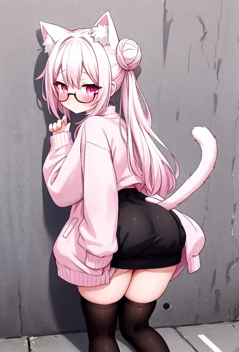 I have white pink hair, cat ears, a bun, my face is super blushing, black glasses, pink heart eyes, a big pink sweatshirt, a black skirt, black stockings, white shoes, a cat&#39;s tail, a girl. very shy that she is glued to a wall with her butt