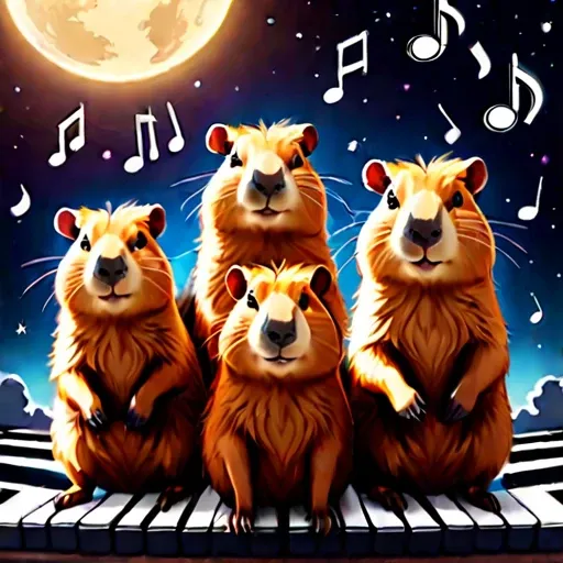 star space below huddled cute capybaras cutecapybara with piano and musical notes