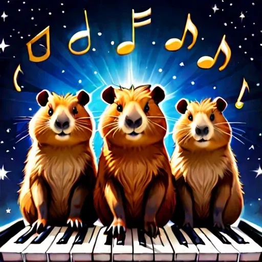 star space below huddled cute capybaras cutecapybara with piano and musical notes