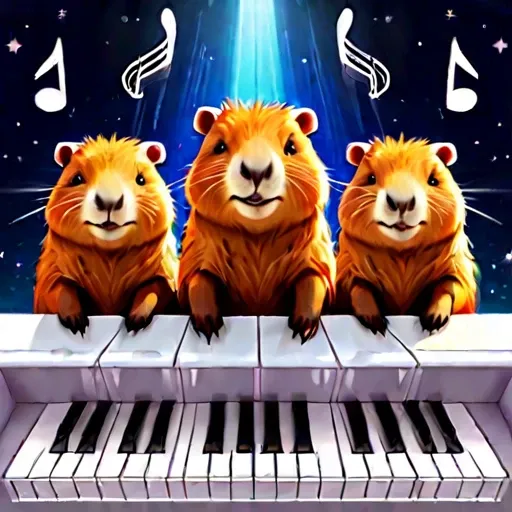 star space below huddled cute capybaras cutecapybara with piano and musical notes