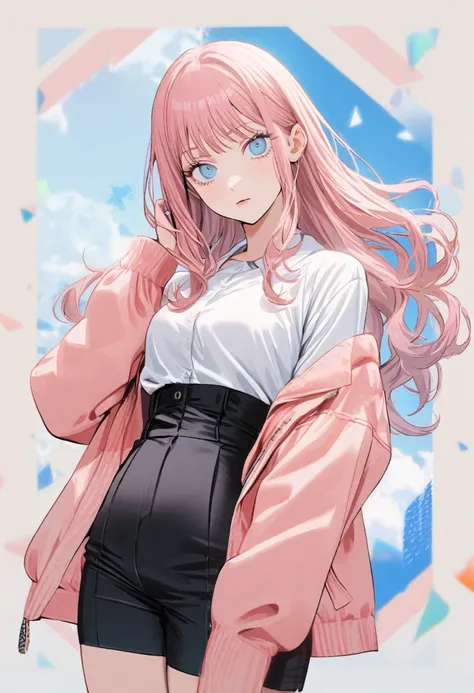 1 girl in chainsaw man style, long wavy hair, light pink hair, hair with blue tips, light blue eyes,((ollho da makima)),white blouse, pink jaket, black short shorts,all star branco, hand on the waist, face including 